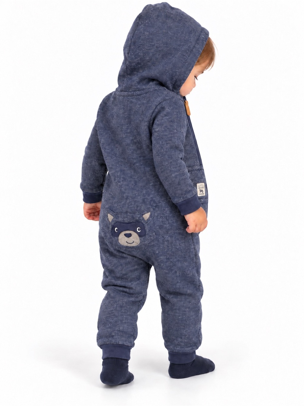 Toddler Hooded One-Piece Romper in Navy with Bear Detail